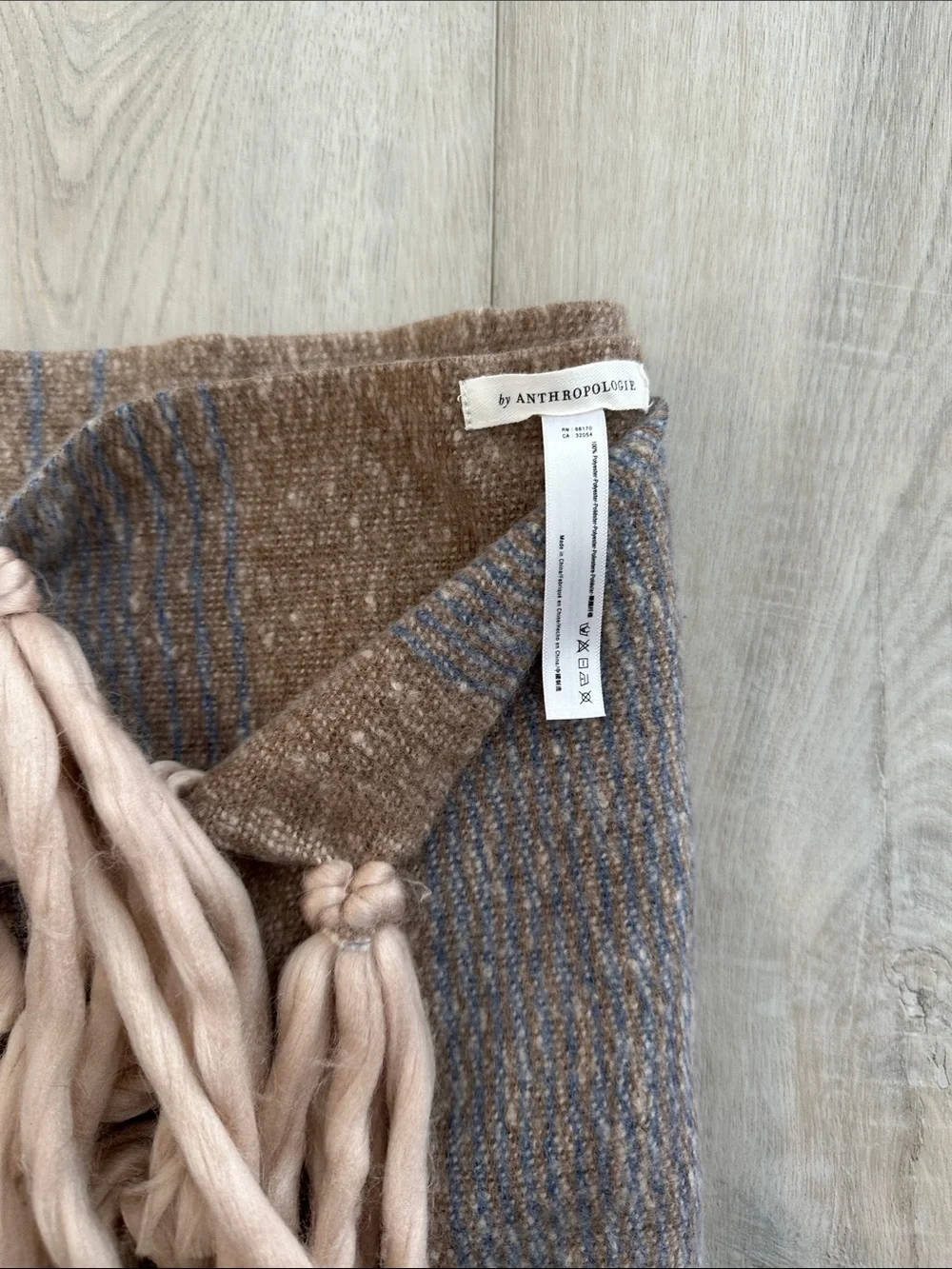 Anthropologie Oversized Fringe Scarf Wrap Neutral Beige Blue Striped